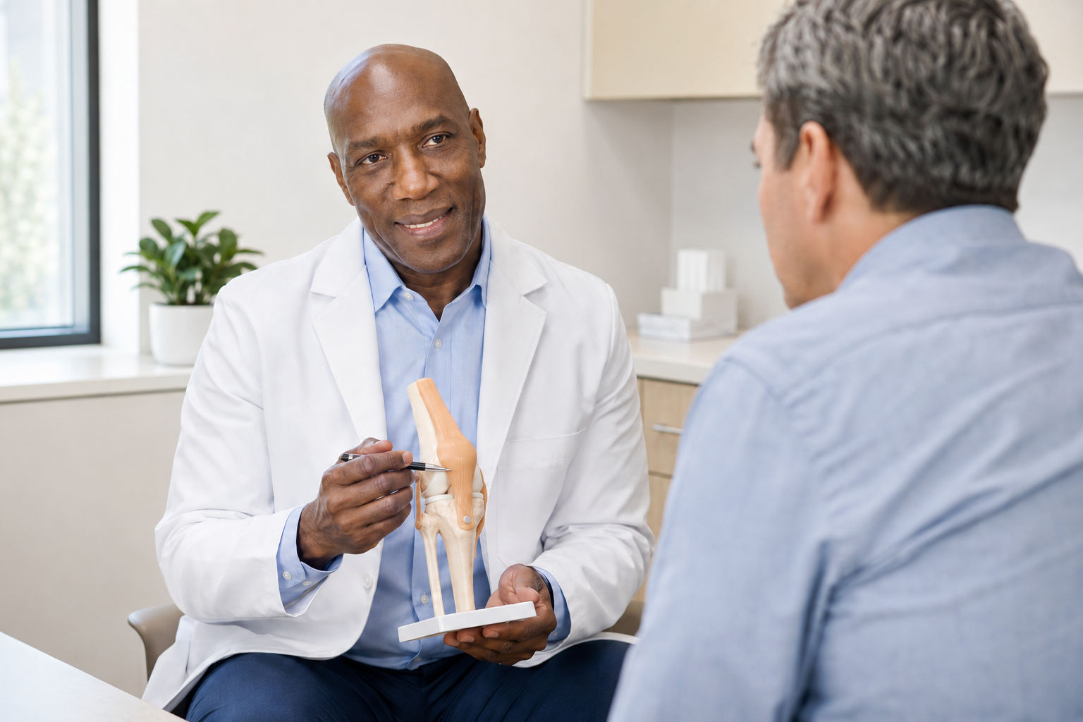 Doctor explaining knee anatomy during a PRP consultation